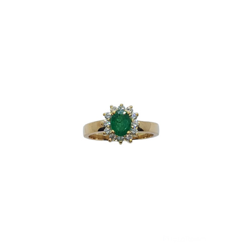 Anillo de oro amarillo en forma de Rosetón de esmeralda y diamantes