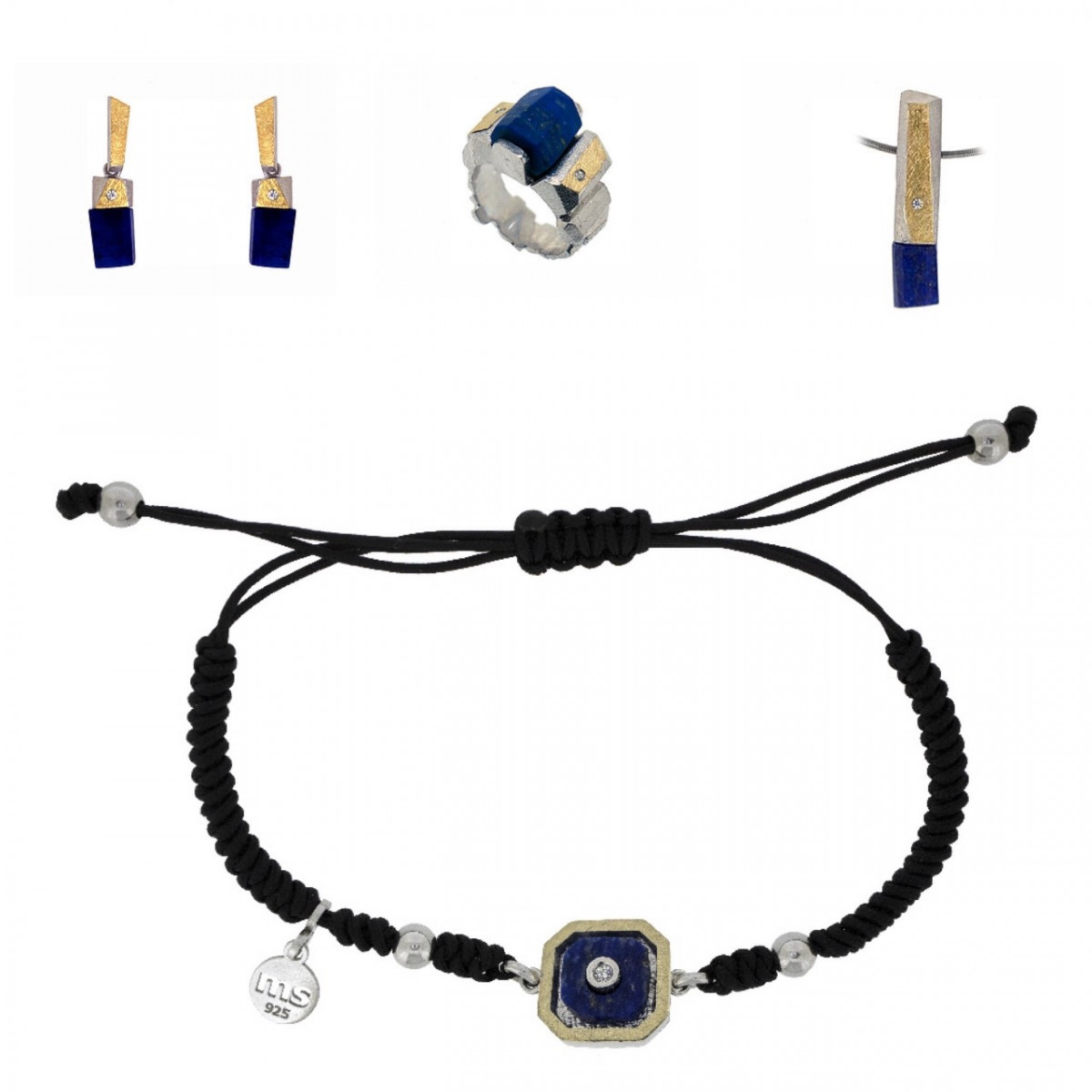 Pulsera de plata y oro con diamante y lapislázuli