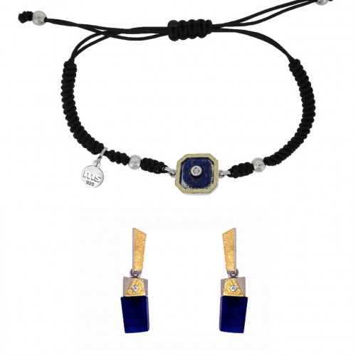 Pulsera de plata y oro con diamante y lapislázuli