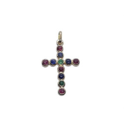 CRUZ DE ORO amarillo con rubí, zafiros y esmeraldas