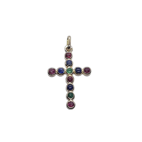 CRUZ DE ORO amarillo con rubí, zafiros y esmeraldas