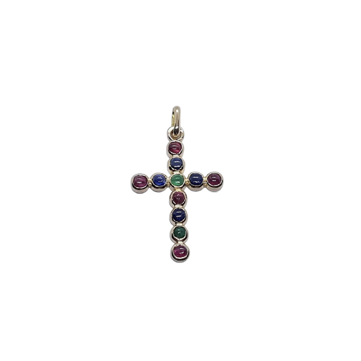CRUZ DE ORO amarillo con rubí, zafiros y esmeraldas
