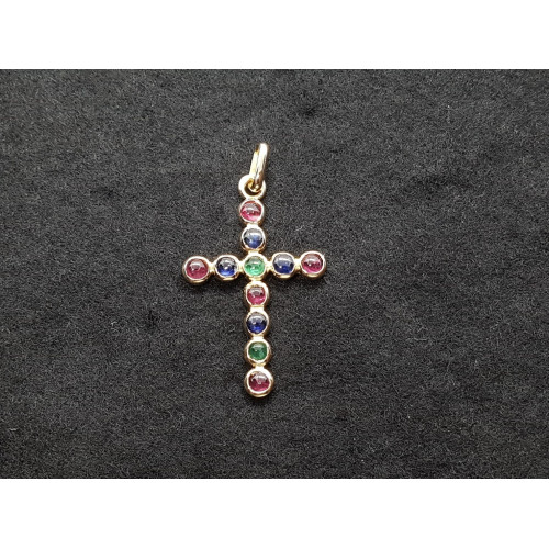 CRUZ DE ORO amarillo con rubí, zafiros y esmeraldas