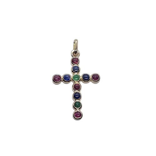 CRUZ DE ORO amarillo con rubí, zafiros y esmeraldas