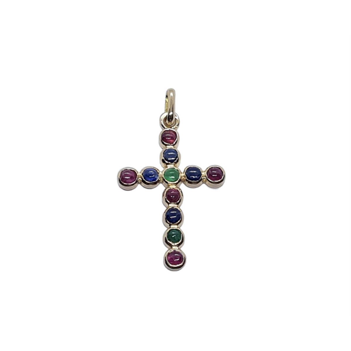 CRUZ DE ORO amarillo con rubí, zafiros y esmeraldas