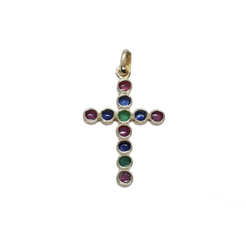 CRUZ DE ORO amarillo con rubí, zafiros y esmeraldas