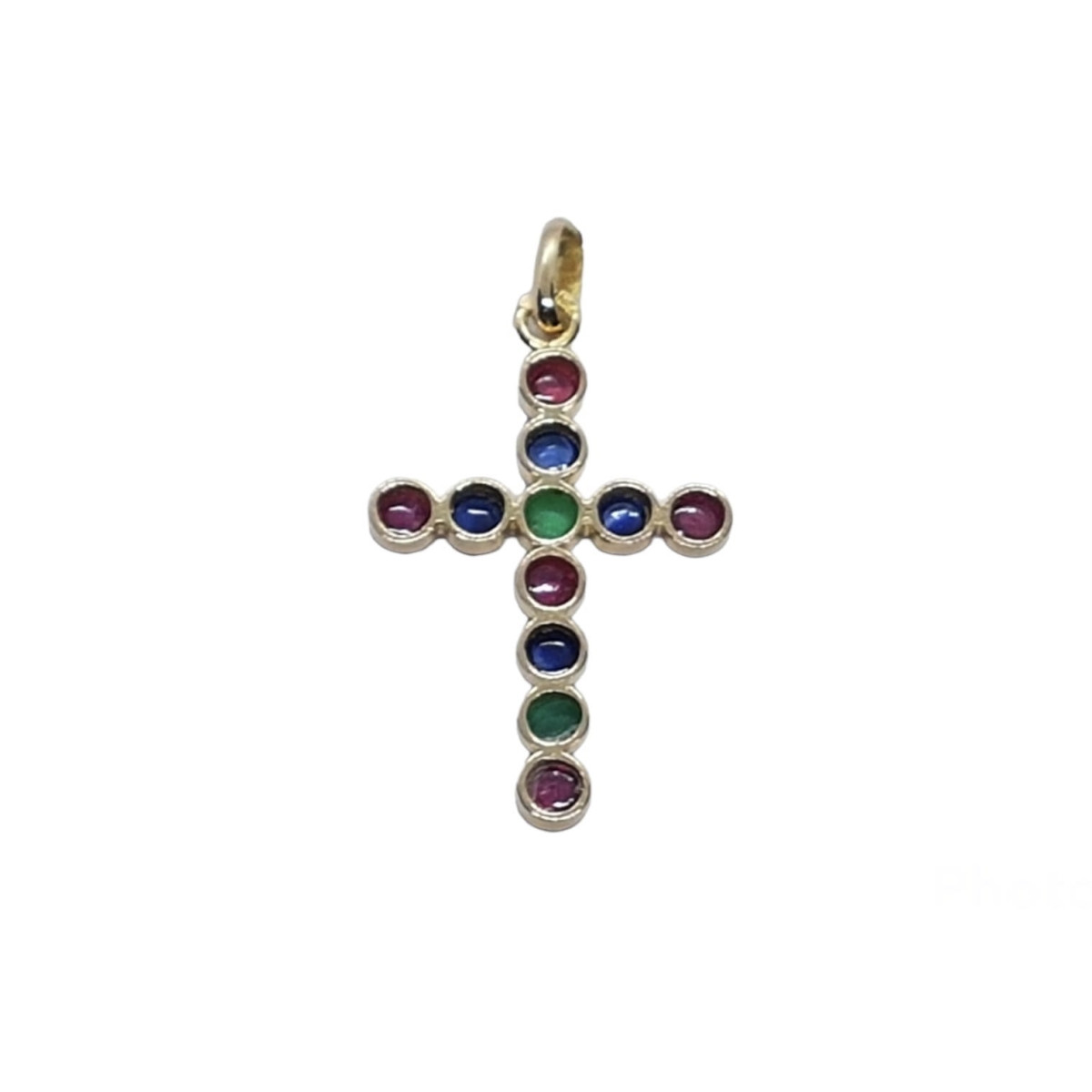 CRUZ DE ORO amarillo con rubí, zafiros y esmeraldas
