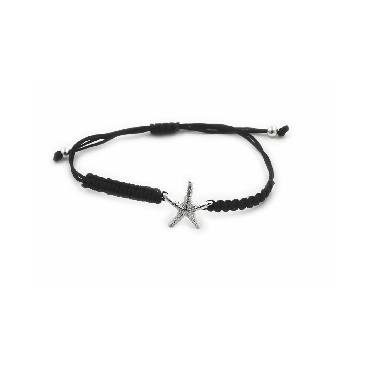 Pulsera de plata con forma de estrella de mar y macramé negro