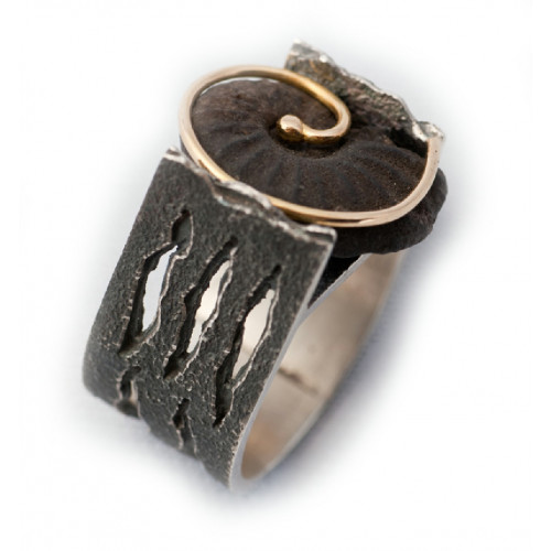 Anillo de plata y oro con Amonite