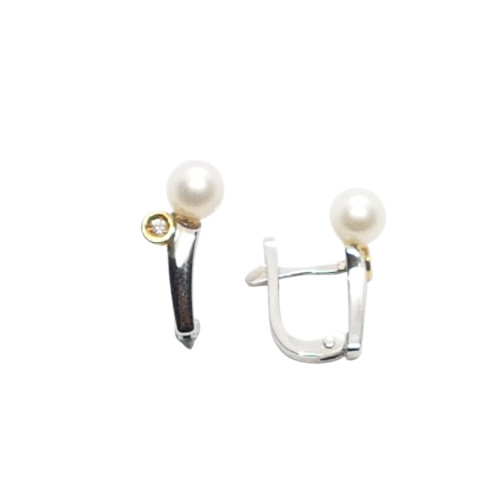Pendientes de plata y oro amarillo con diamantes y perla natural cultivada