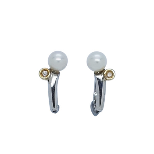 Pendientes de plata y oro amarillo con diamantes y perla natural cultivada