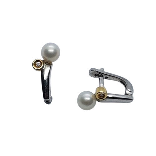 Pendientes de plata y oro amarillo con diamantes y perla natural cultivada