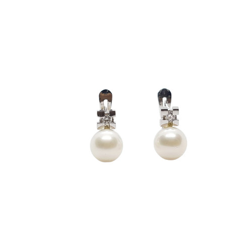 Pendientes de oro blanco estilo Tú y Yo con Perla natural cultivada y diamante