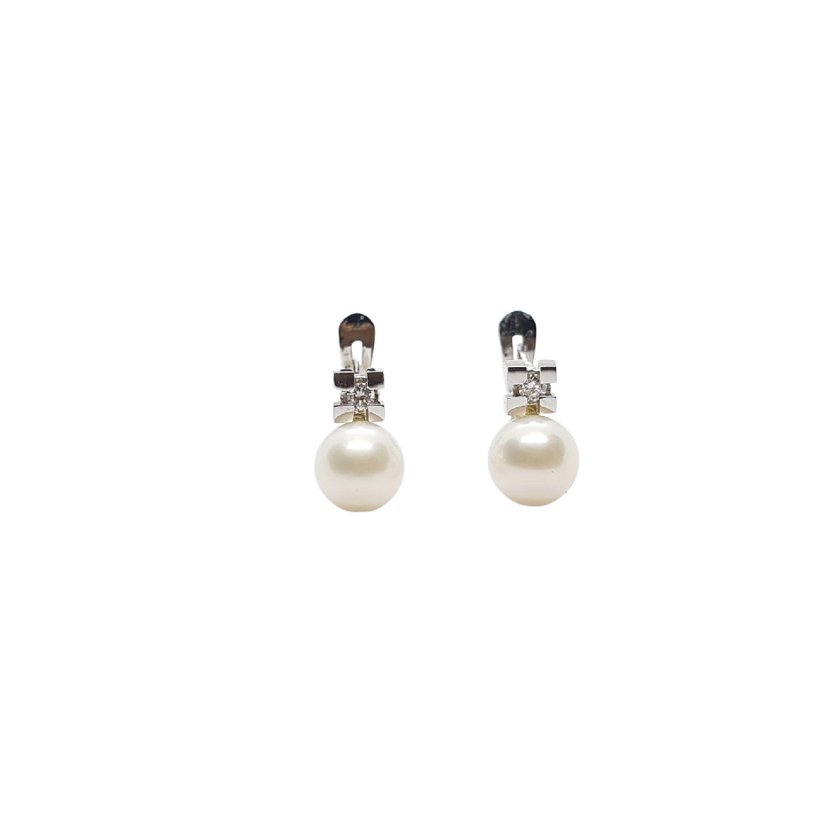 Pendientes de oro blanco estilo Tú y Yo con Perla natural cultivada y diamante