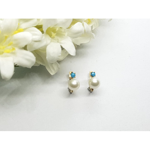 Pendientes de oro amarillo con perla natural cultivada y turquesa