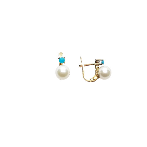 Pendientes de oro amarillo con perla natural cultivada y turquesa