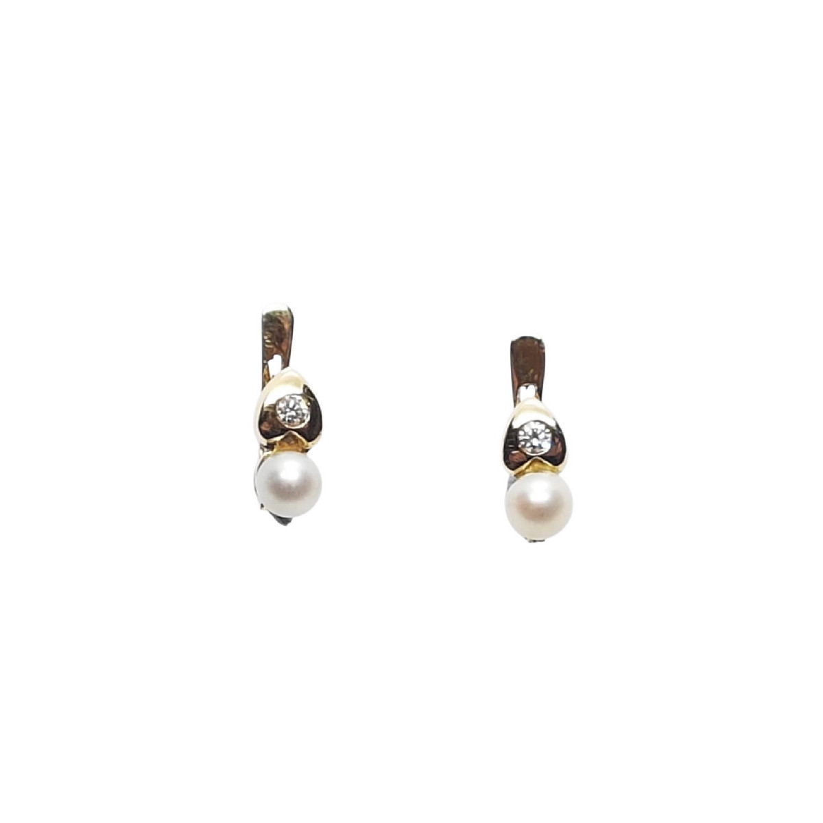 Pendientes de oro amarillo estilo Tú y Yo con Perla natural cultivada y diamante