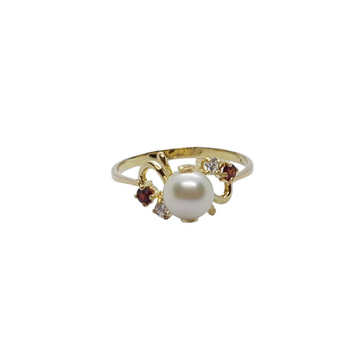 Anillo de oro amarillo con circonitas, perla natural cultivada y granates