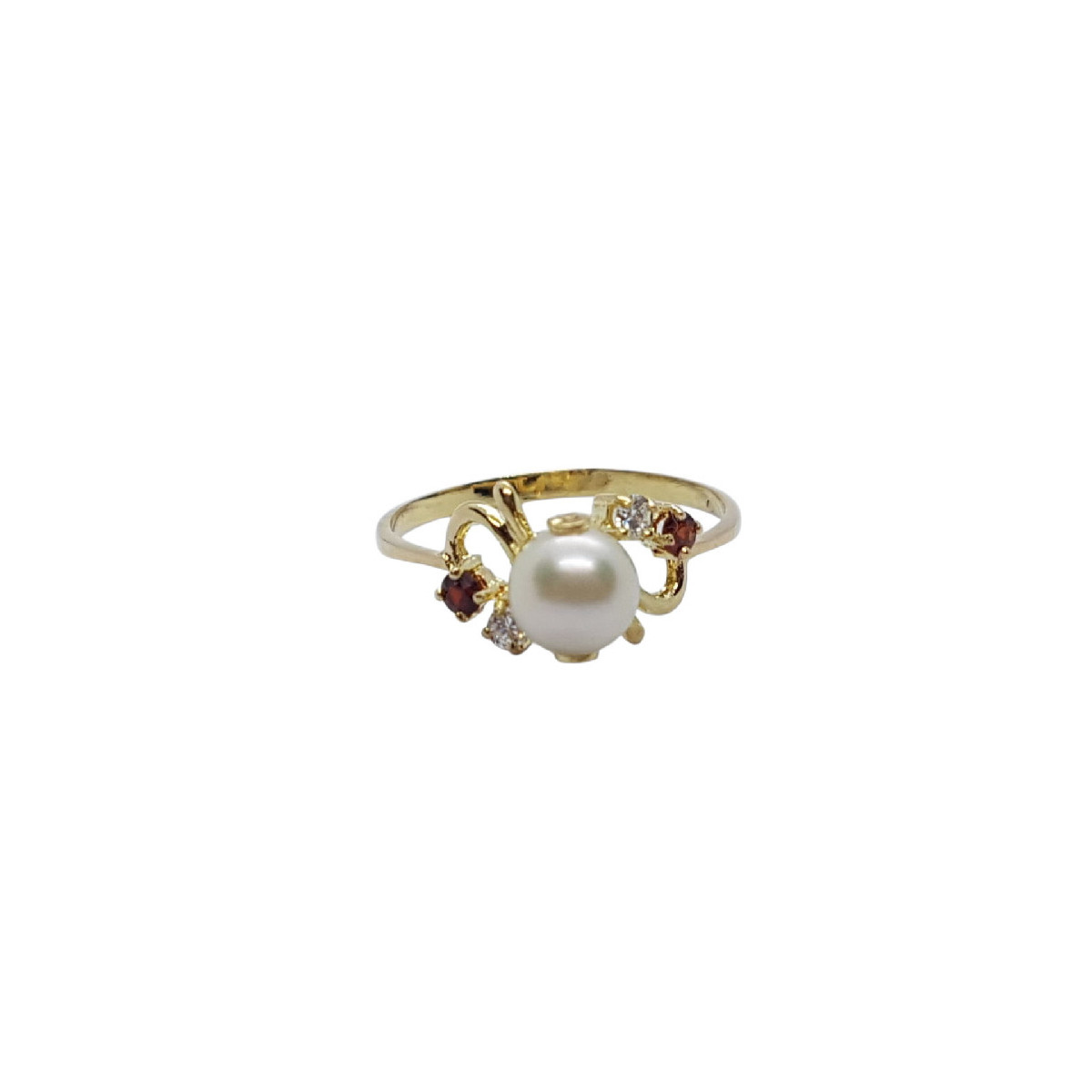 Anillo de oro amarillo con circonitas, perla natural cultivada y granates