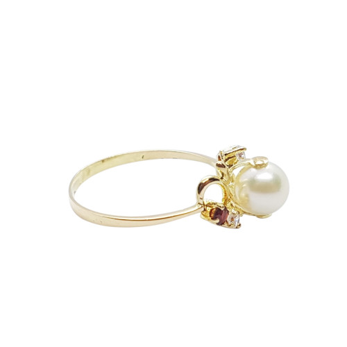 Anillo de oro amarillo con circonitas, perla natural cultivada y granates