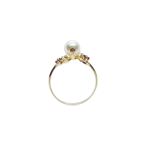 Anillo de oro amarillo con circonitas, perla natural cultivada y granates