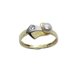 Anillo de oro amarillo y oro blanco con circonita y perla natural cultivada