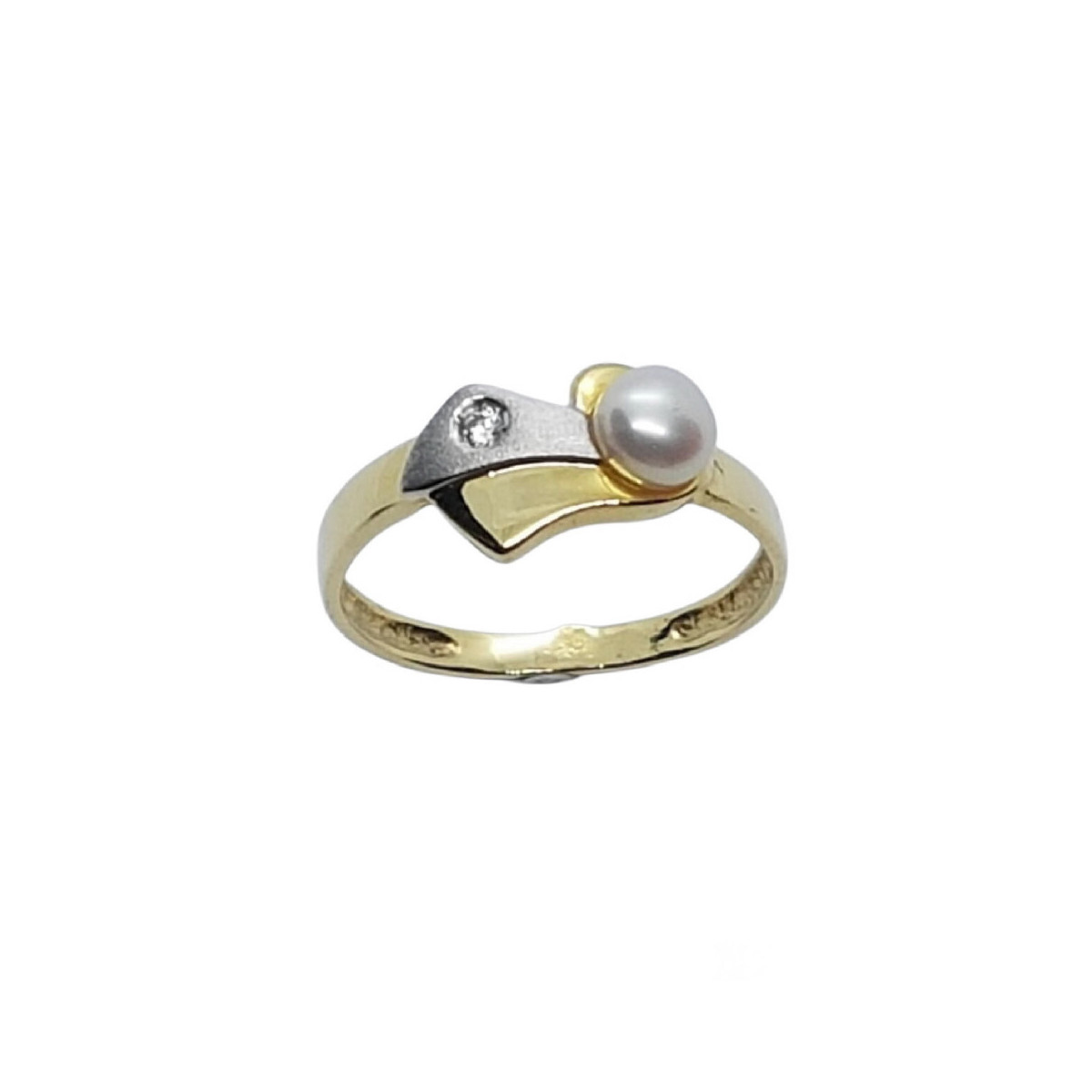 Anillo de oro amarillo y oro blanco con circonita y perla natural cultivada
