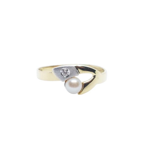 Anillo de oro amarillo y oro blanco con circonita y perla natural cultivada