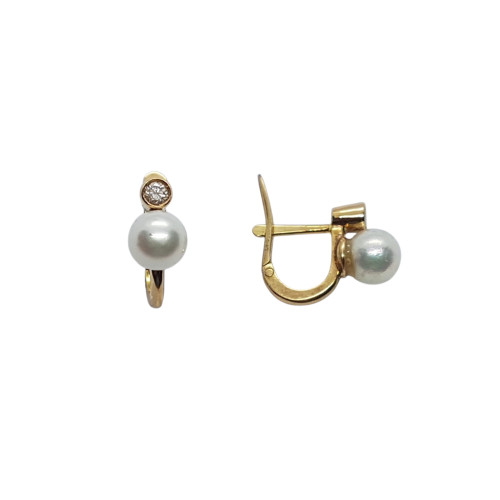 Pendientes de oro amarillo estilo Tú y Yo con Perla natural cultivada y diamante