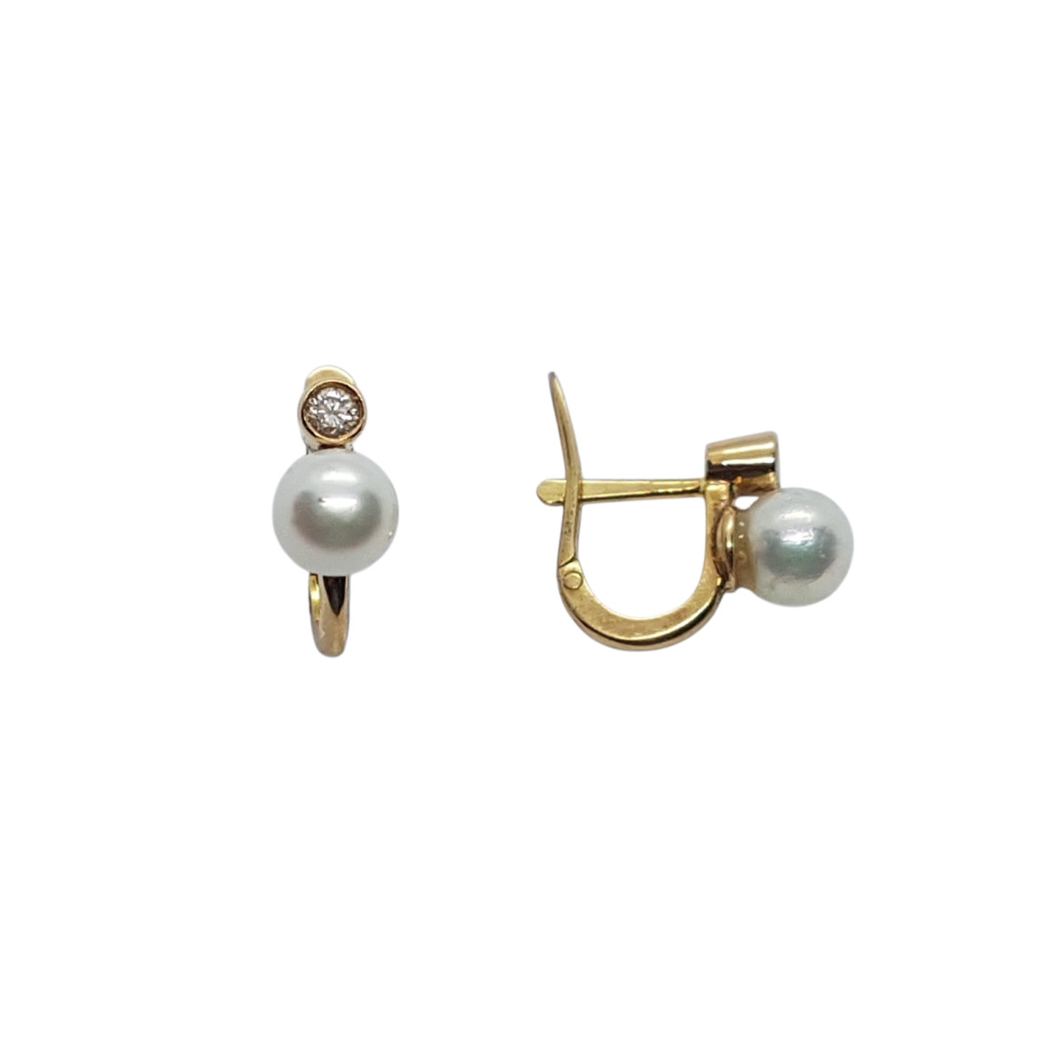 Pendientes de oro amarillo estilo Tú y Yo con Perla natural cultivada y diamante