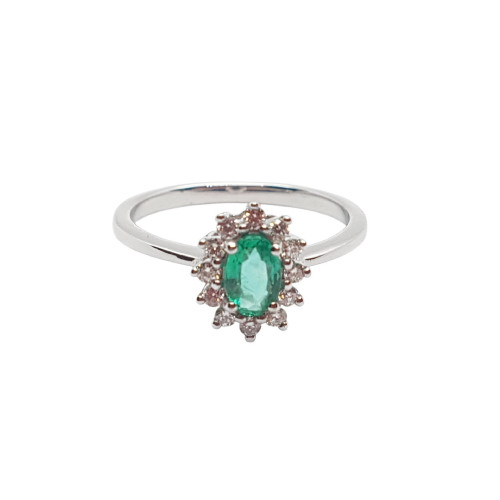 Anillo de oro blanco en forma de Rosetón de esmeralda y diamantes