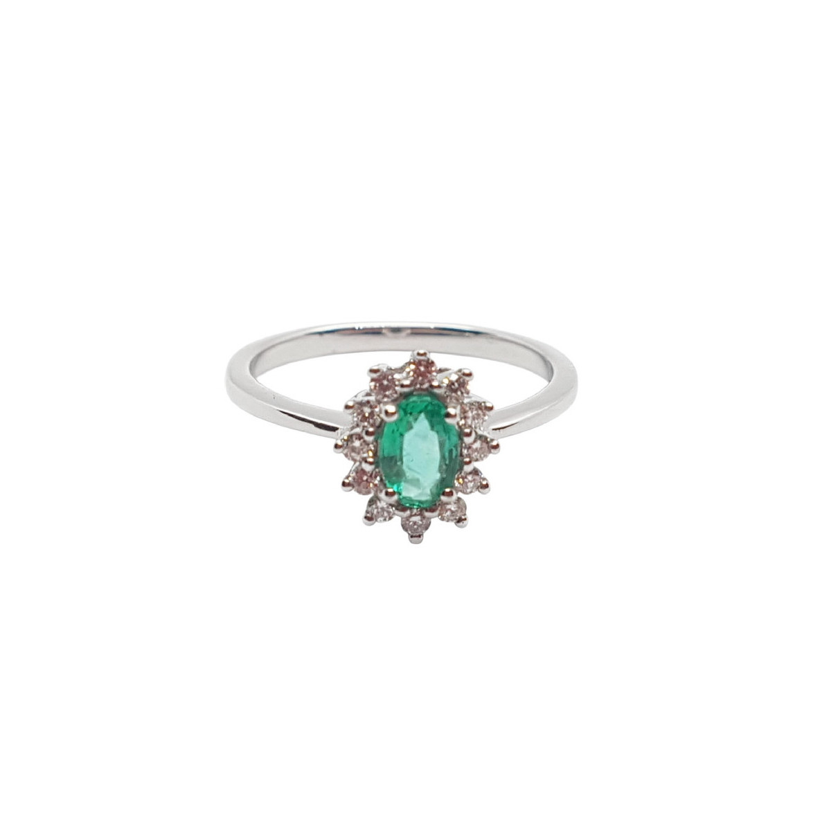 Anillo de oro blanco en forma de Rosetón de esmeralda y diamantes