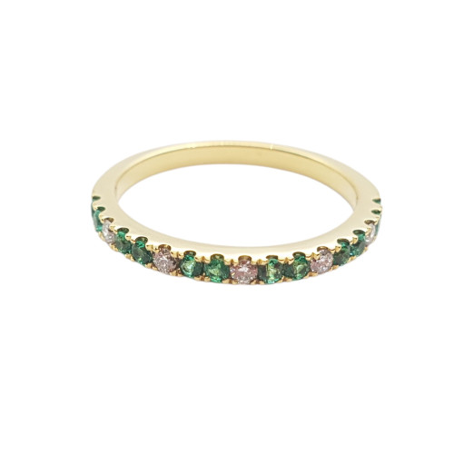 Anillo de oro amarillo con diamantes y esmeraldas