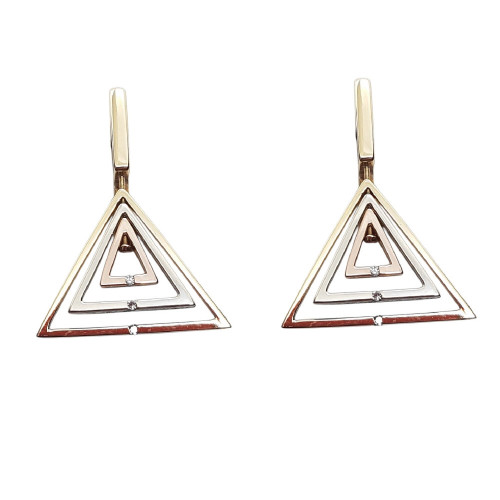 Pendientes triangulares de oro amarillo, oro rosa y oro blanco con diamantes