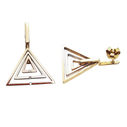 Pendientes triangulares de oro amarillo, oro rosa y oro blanco con diamantes