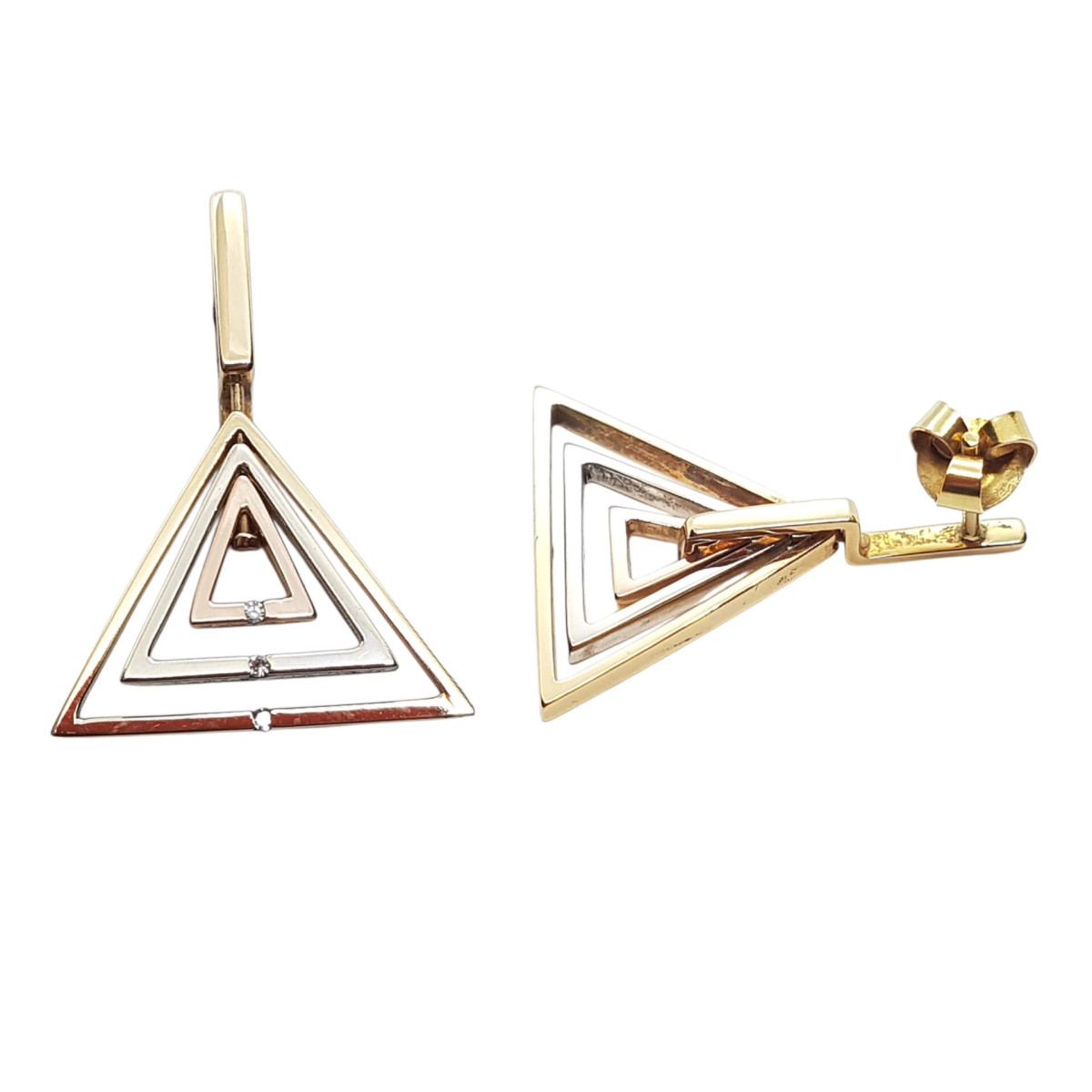 Pendientes triangulares de oro amarillo, oro rosa y oro blanco con diamantes