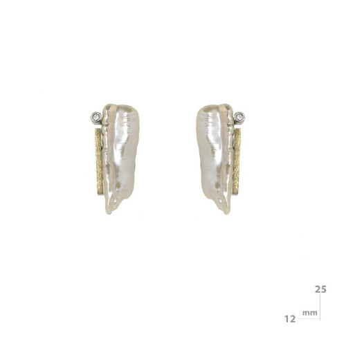 Pendientes de plata y oro, perla natural barroca y diamante