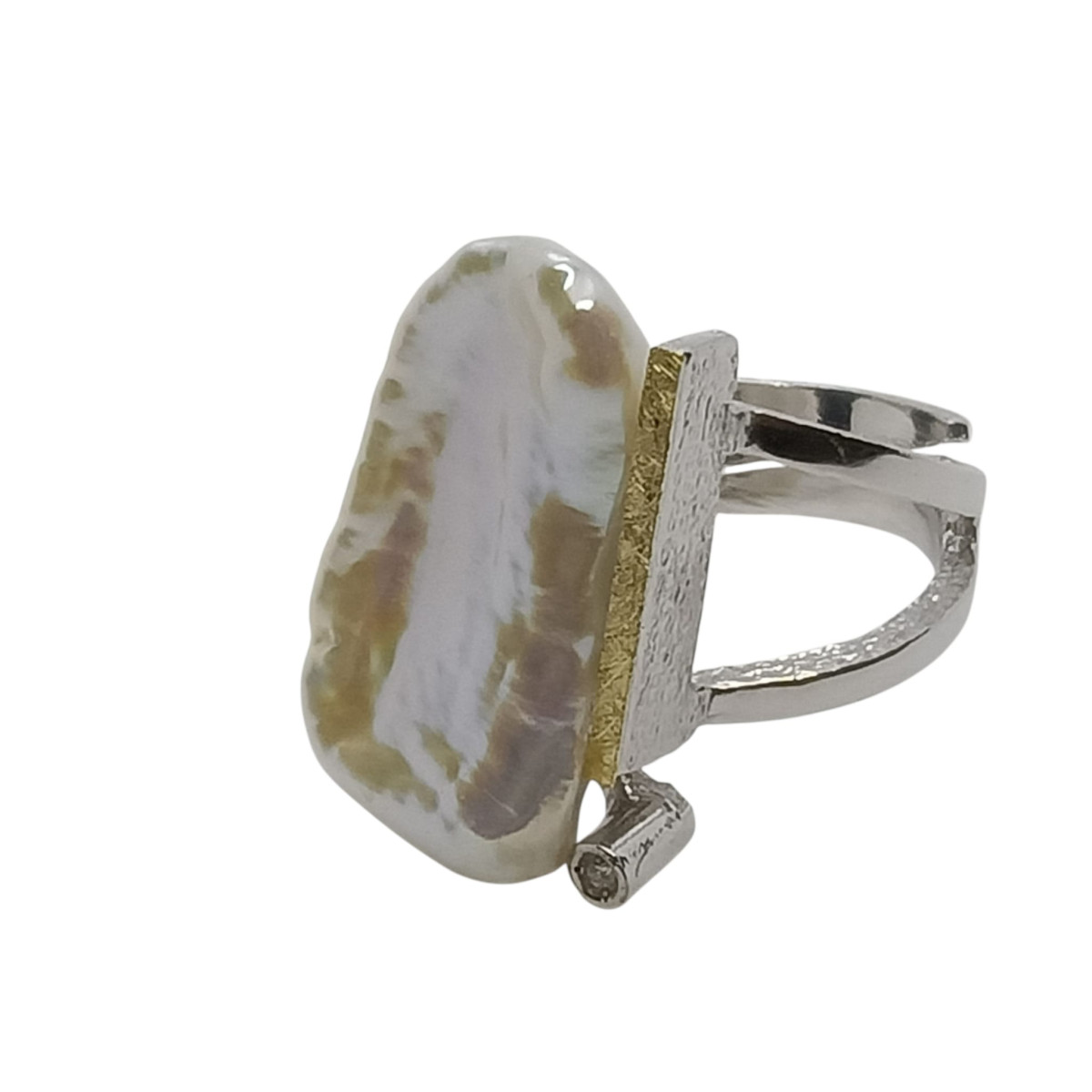 Anillo de plata y oro, diamante y perla natural barroca