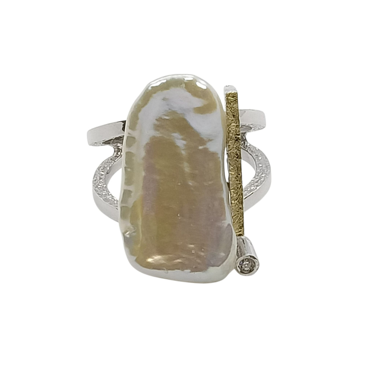 Anillo de plata y oro, diamante y perla natural barroca