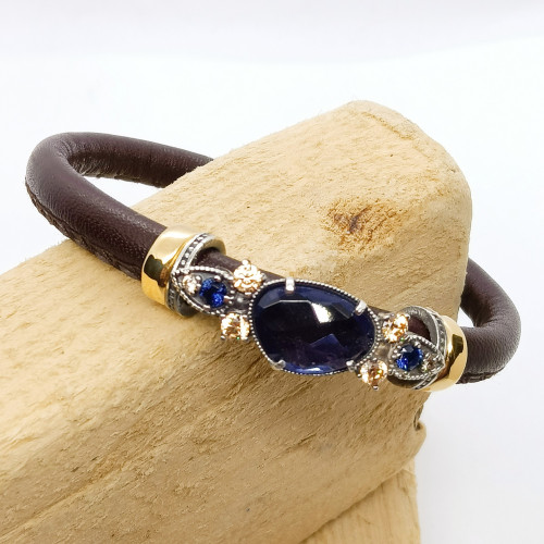 Pulsera de plata con cuero y circonitas