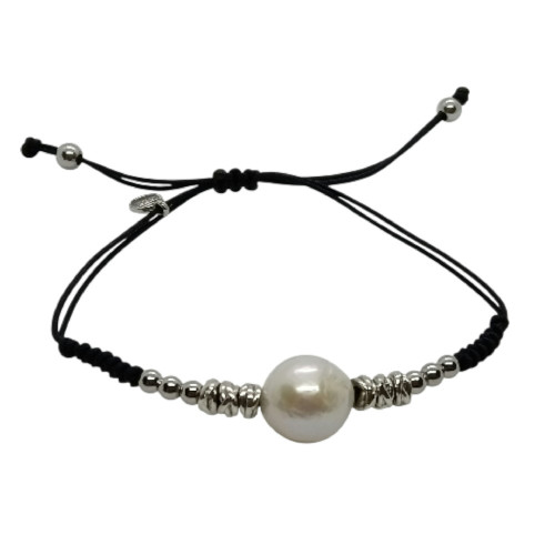 Pulsera de plata con macramé y perla