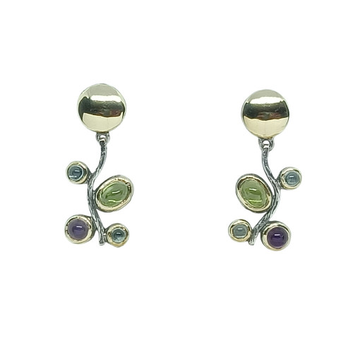Pendientes de plata y oro con peridoto, amatista y topacio azul