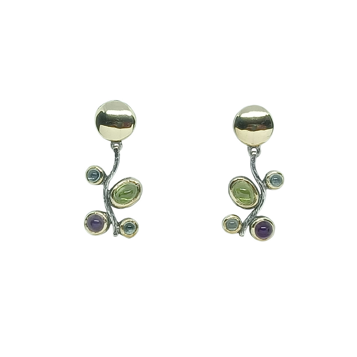 Pendientes de plata y oro con peridoto, amatista y topacio azul