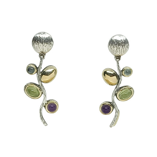 Pendientes de plata y oro con peridoto, amatista y topacio azul
