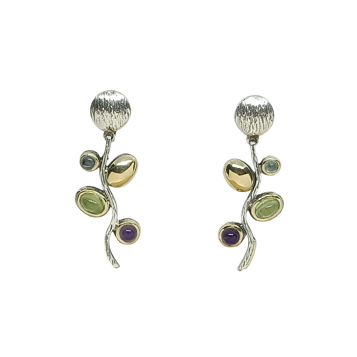 Pendientes de plata y oro con peridoto, amatista y topacio azul