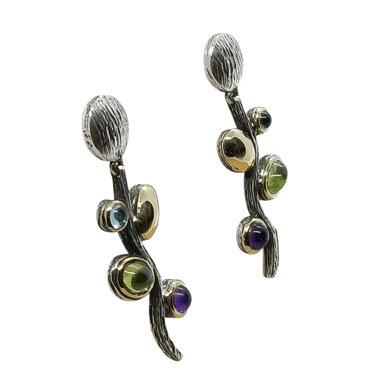 Pendientes de plata y oro con peridoto, amatista y topacio azul