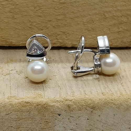 Pendientes tú y yo, oro blanco con diamantes y perlas
