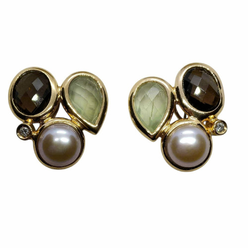 Pendientes de oro amarillo con perlas, cuarzo fume y prehnita