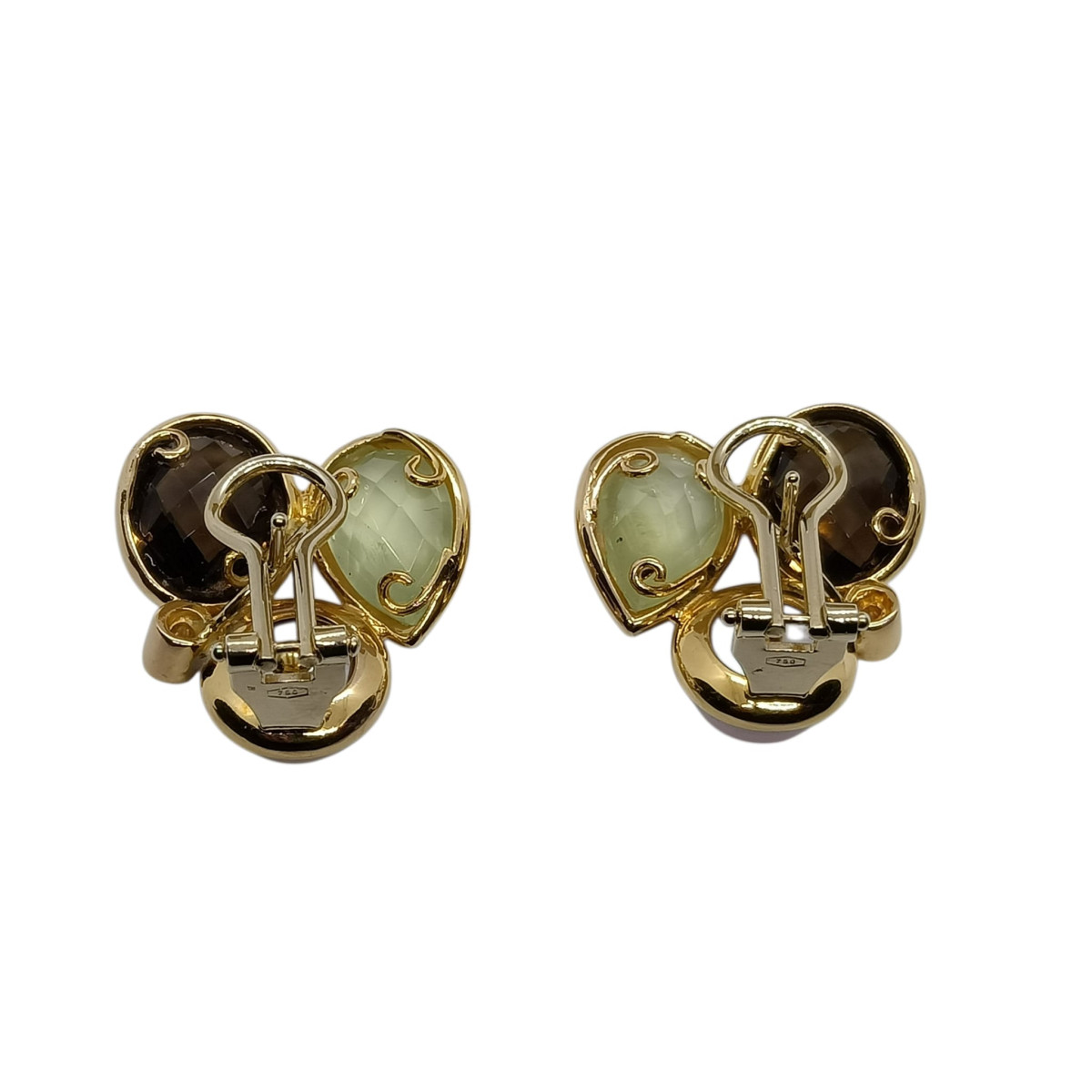 Pendientes de oro amarillo con perlas, cuarzo fume y prehnita