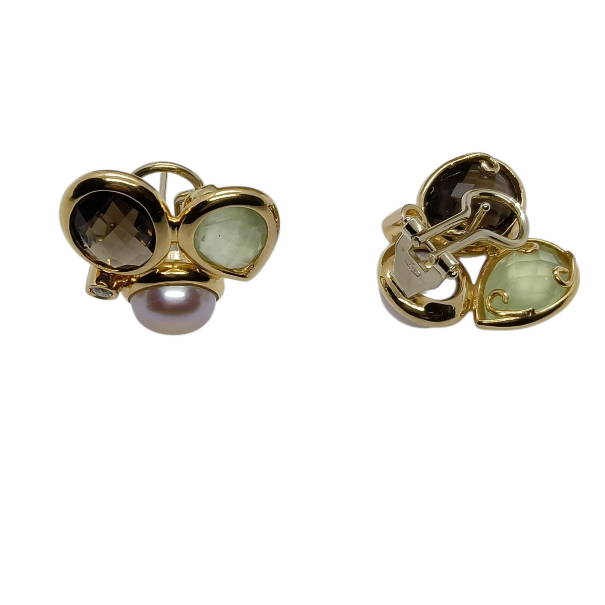 Pendientes de oro amarillo con perlas, cuarzo fume y prehnita